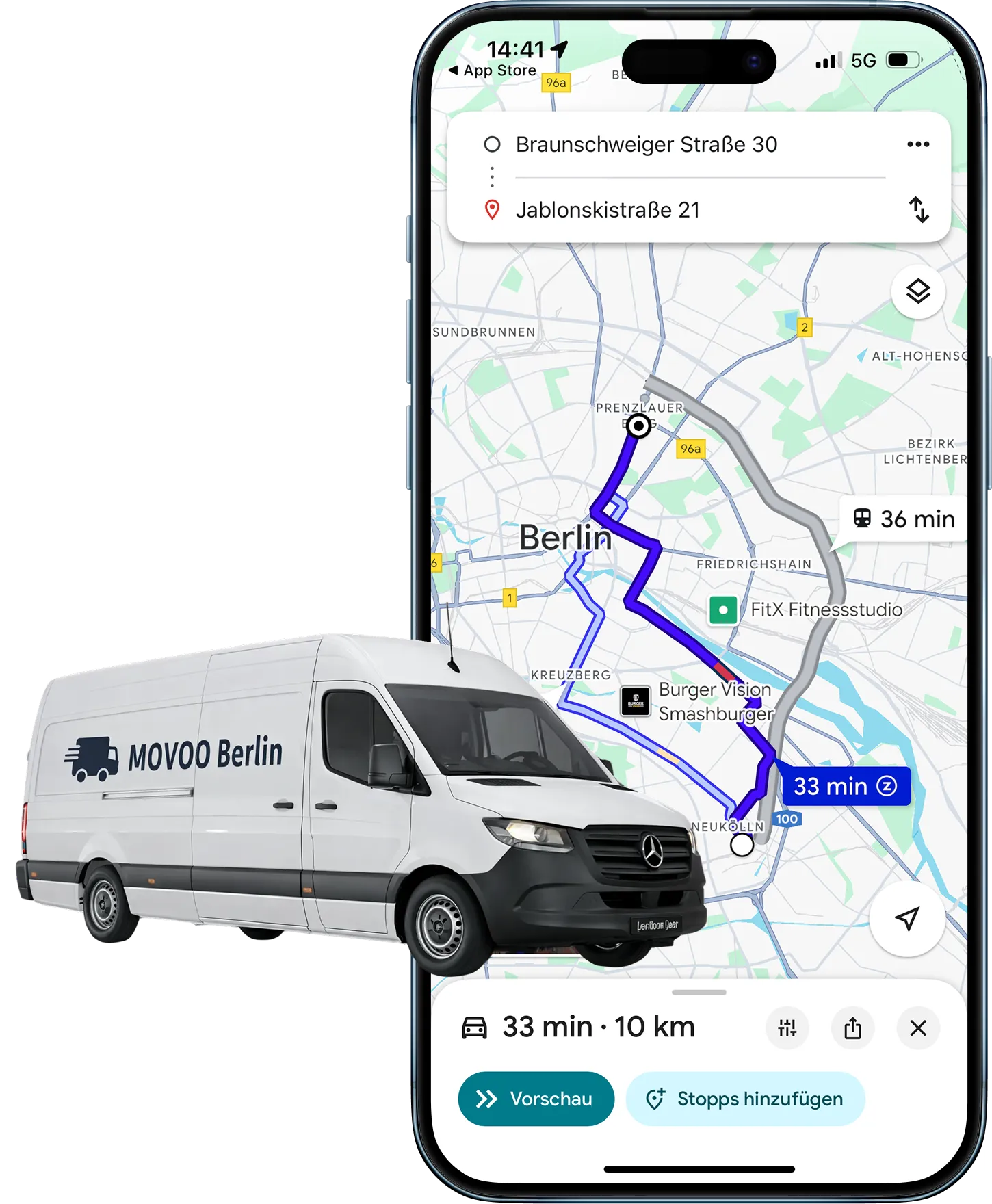 Smartphone zeigt eine Navigationsroute in Berlin mit 33 Minuten Fahrzeit, daneben ein weißer Lieferwagen mit Aufschrift MOVOO Berlin.